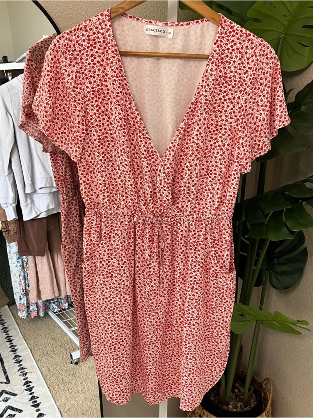 ❤️ Red Floral Print Cotton Boho Feminine Chic Midi Dress | Sz 10